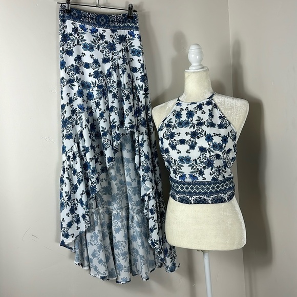 Show Me Your Mumu Blue Floral Salsa Casablanca Selena Maxi Skirt Crop Top Set XS - Picture 3 of 16